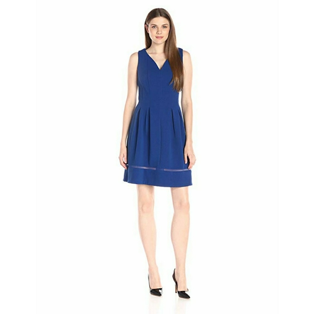 V-Neck Pique Knit Dress with Mesh Inset at Hem